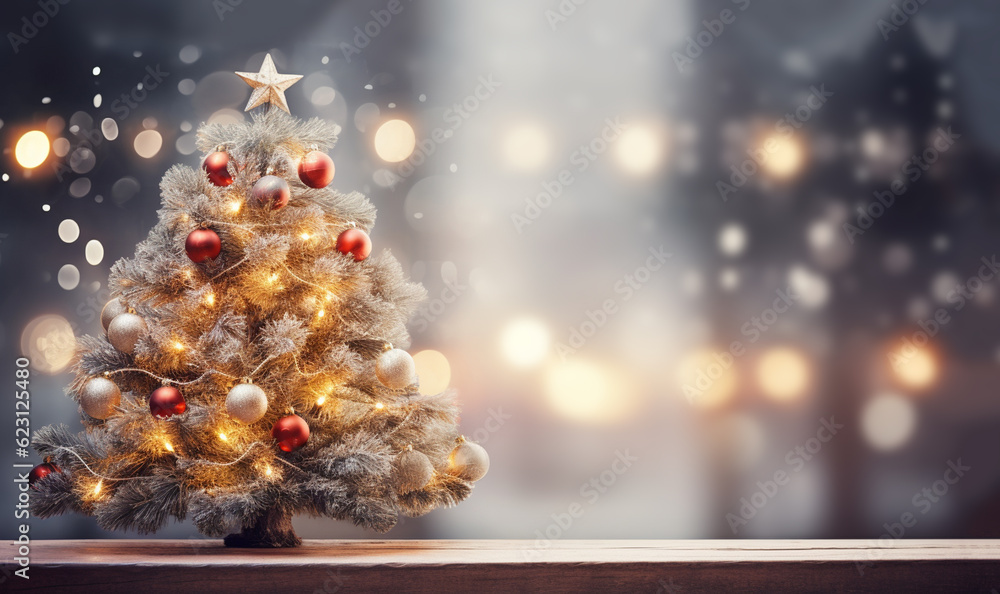 Closeup of Festively Decorated Outdoor Christmas tree with bright red balls on blurred sparkling fairy background. Defocused garland lights, Bokeh effect. copy space