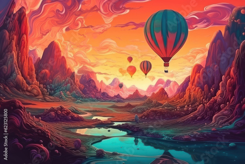 Fantasy landscape with colorful sky. Generative AI