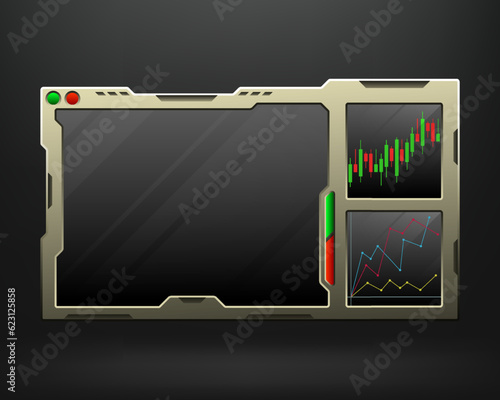 Metal border stream overlay for stock market or cryptocurrency trading live video broadcasts with candlestick chat panel and essential trading setup panels
