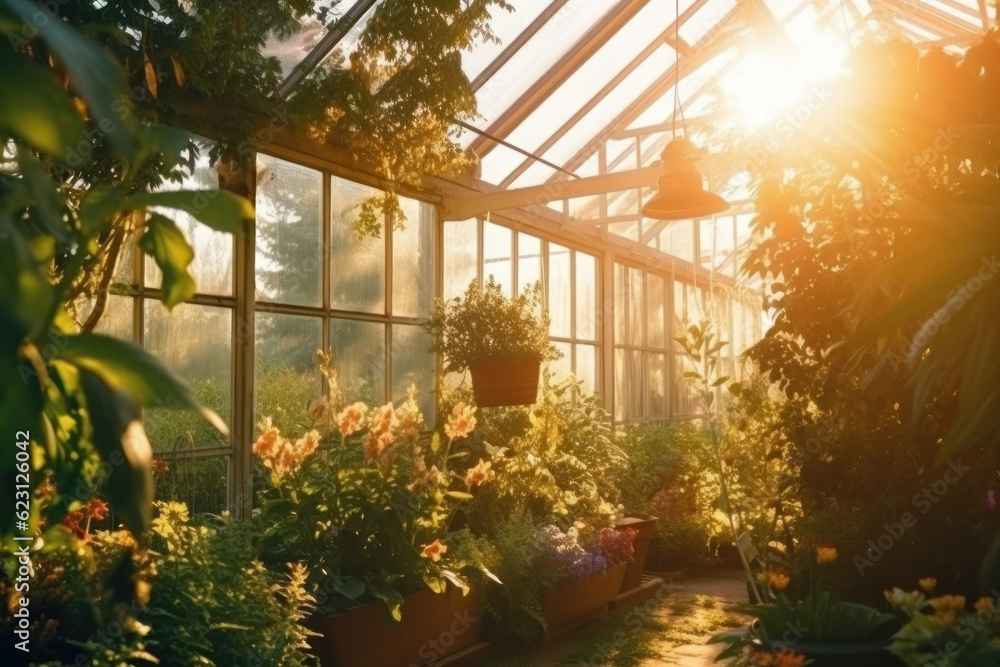 Sun shining through a greenhouse with plants and flowers. Generative AI