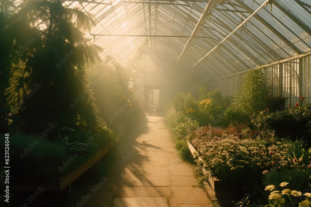 Sun shining through a greenhouse with plants and flowers. Generative AI Sun shining through a greenhouse with plants and flowers. Generative AI