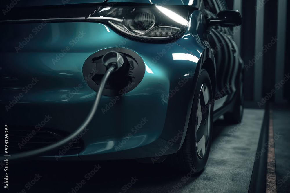 Electric car charged in a garage. Generative AI