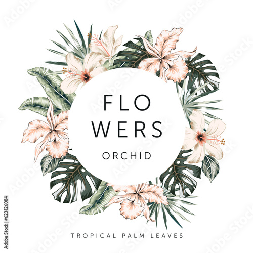 Tropical orchid, hibiscus flowers, palm leaves, round frame, white background. Print for t shirt, poster with text. Vector illustration. Floral arrangement. Design template greeting card