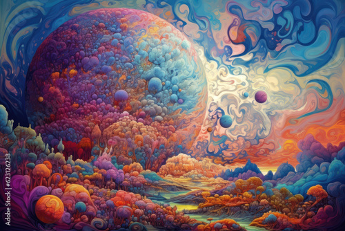 Beautiful psychedelic painting of fantastic planet with colordul clouds. Generative AI