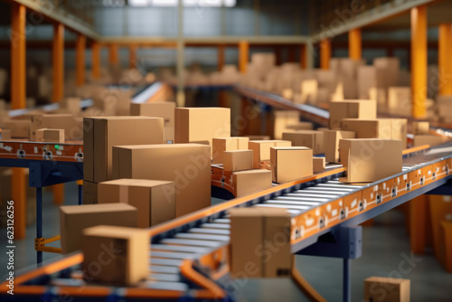 huge warehouse with parcels in cardboard boxes. Generative AI