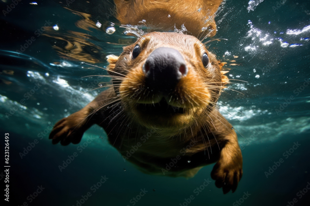 Fototapeta premium otter swimming underwater. Generative ai