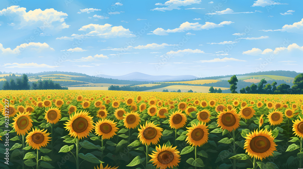 青空に輝くひまわり畑 No.022 | Sunflower Field Glowing Under the Blue Sky Generative AI
