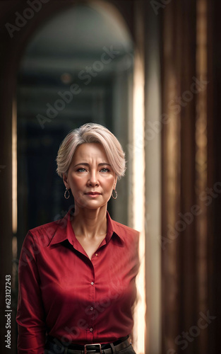 beautiful middle aged old lady woman at house with fresh green plant in background, generative AI