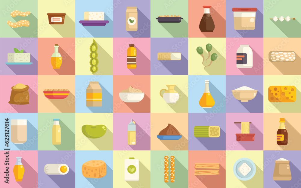 Soy food icons set flat vector. Drink food. Cook plant Soy food icons set flat vector. Drink food. Cook plant