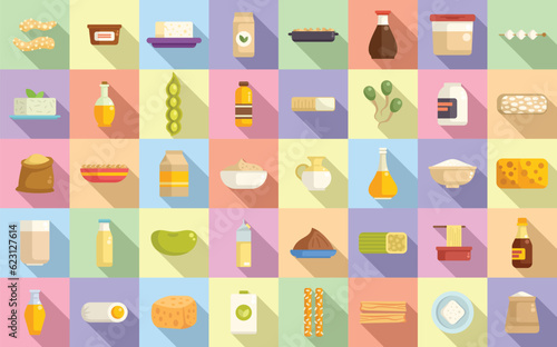 Soy food icons set flat vector. Drink food. Cook plant