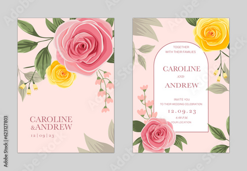 wedding invitation cards set with watercolor flowers, vector illustration