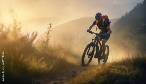 bike woman nature cycling dark sport sunset summer walking forest bicycle. Generative AI.