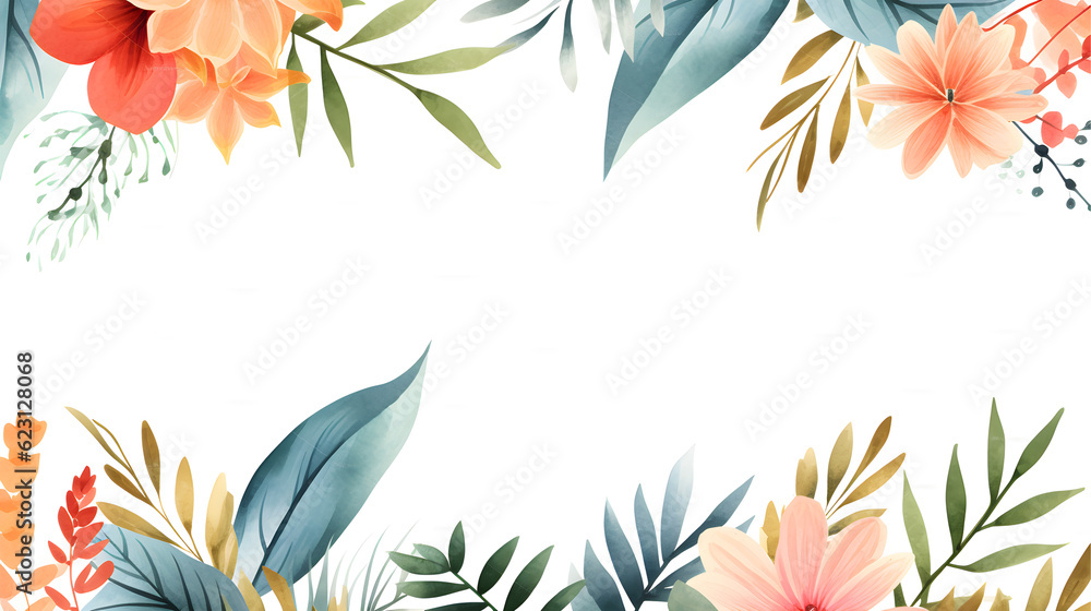 Horisontal botanical flower design banner. Pink rose, greenery. Natural spring card or frame.