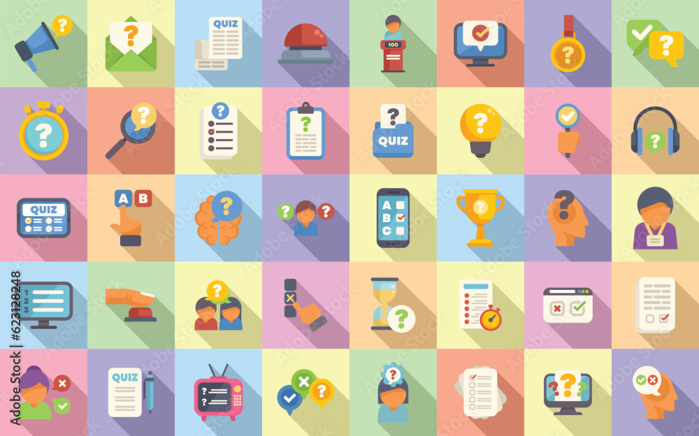Quiz icons set flat vector. Poll exam. Mark help Quiz icons set flat vector. Poll exam. Mark help