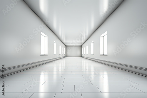 A long empty room with windows and a tiled floor. Generative AI.