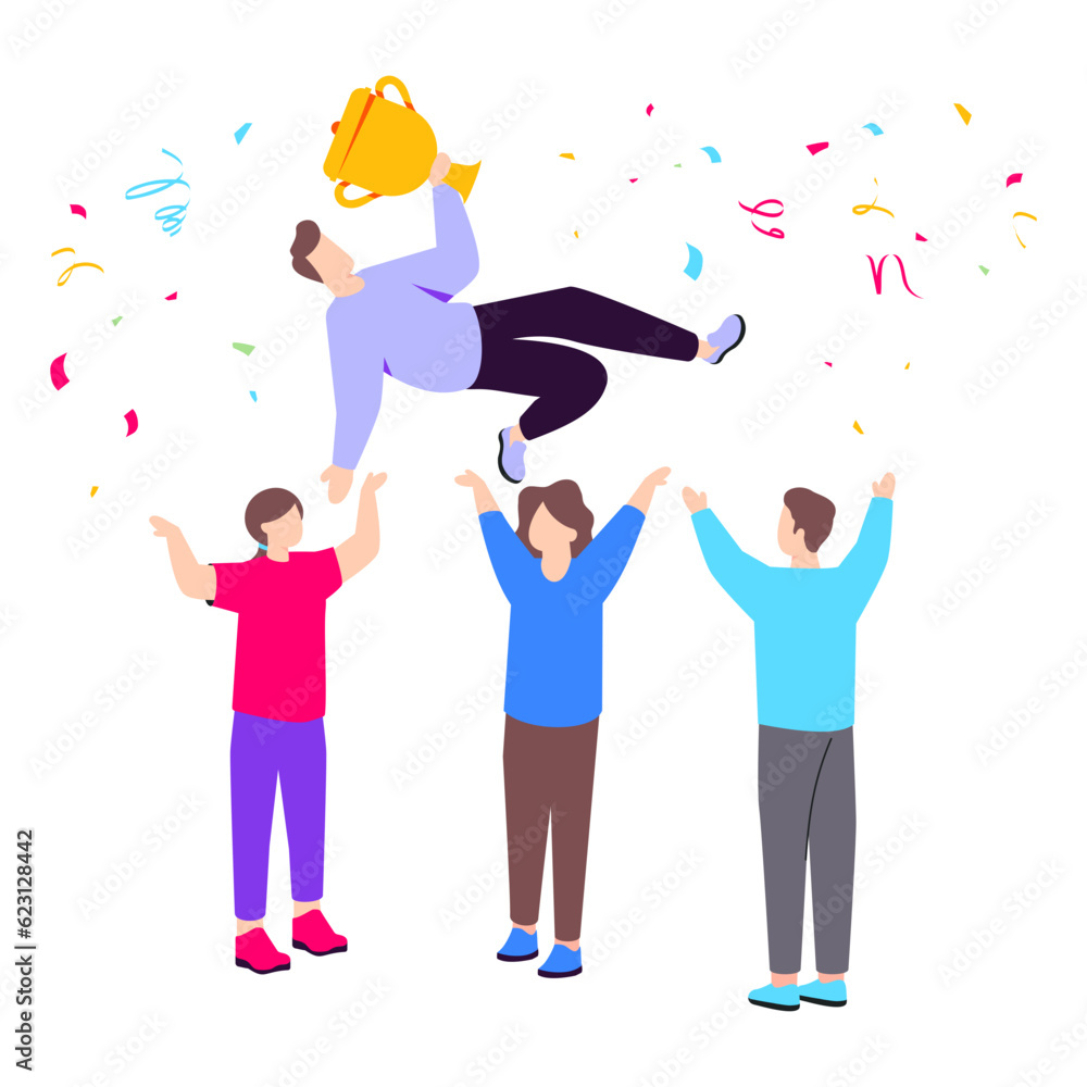 Team member tossing up their Leader for success concept vector icon design, Awards and incentives symbol, Employee benefits and engagement sign, Recognition and Appreciation scene stock illustration Team member tossing up their Leader for success concept vector icon design, Awards and incentives symbol, Employee benefits and engagement sign, Recognition and Appreciation scene stock illustration