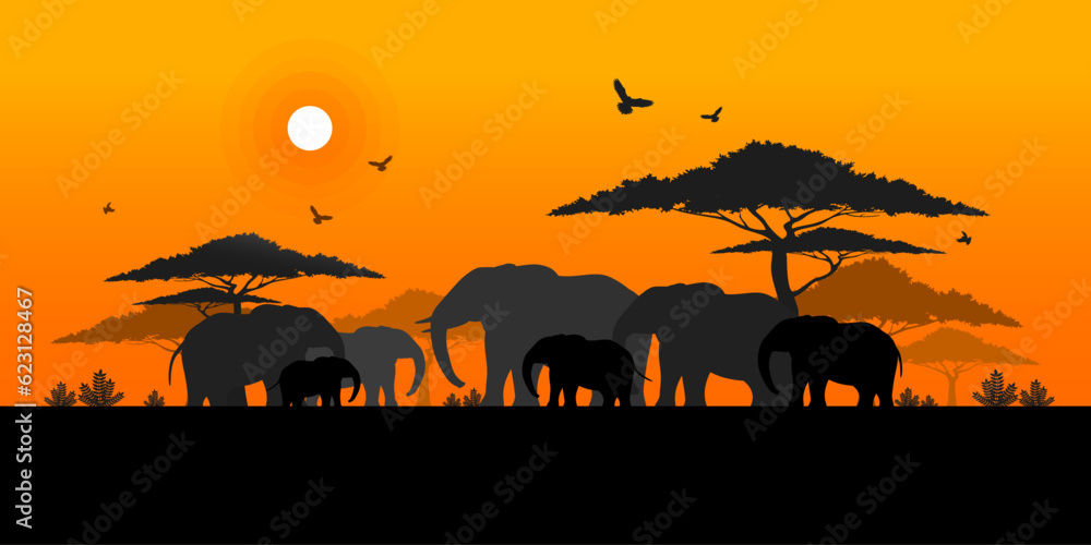 World elephant day, Silhouette of Elephants family in sunset, Wildlife and Nature landscape of savanna field, Grassland safari travel, Environmental and Ecology conservation, National park in Africa.