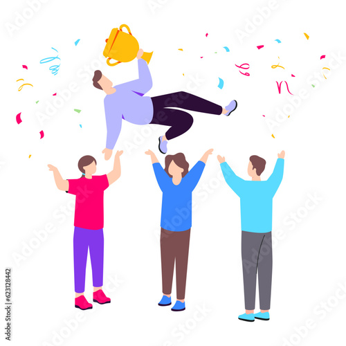 Team member tossing up their Leader for success concept vector icon design, Awards and incentives symbol, Employee benefits and engagement sign, Recognition and Appreciation scene stock illustration