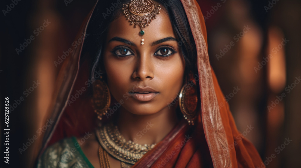 Graceful Indian woman donning colorful attire, symbolizing ethnic diversity. AI generated