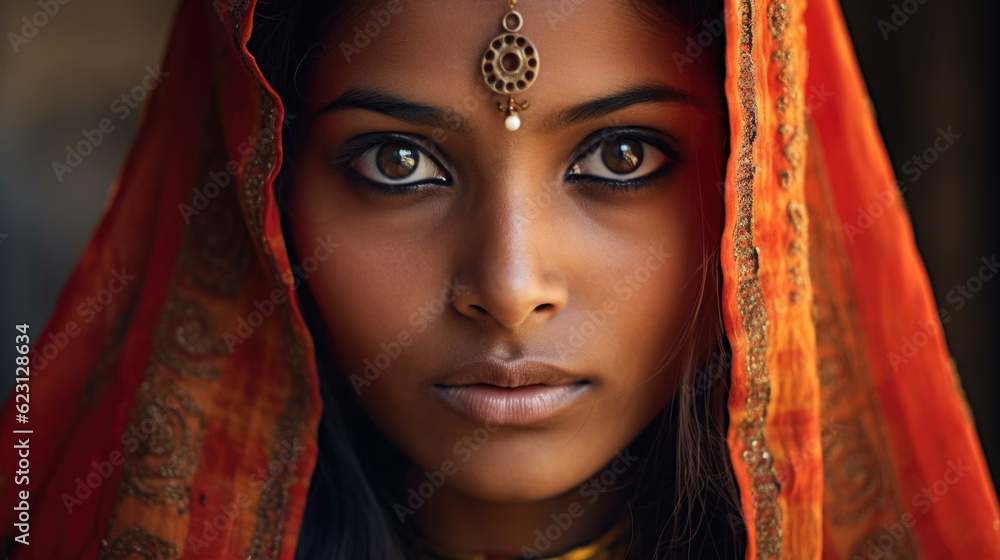 Attractively dressed Indian lady embracing her cultural roots with pride. Piercing gaze AI generated