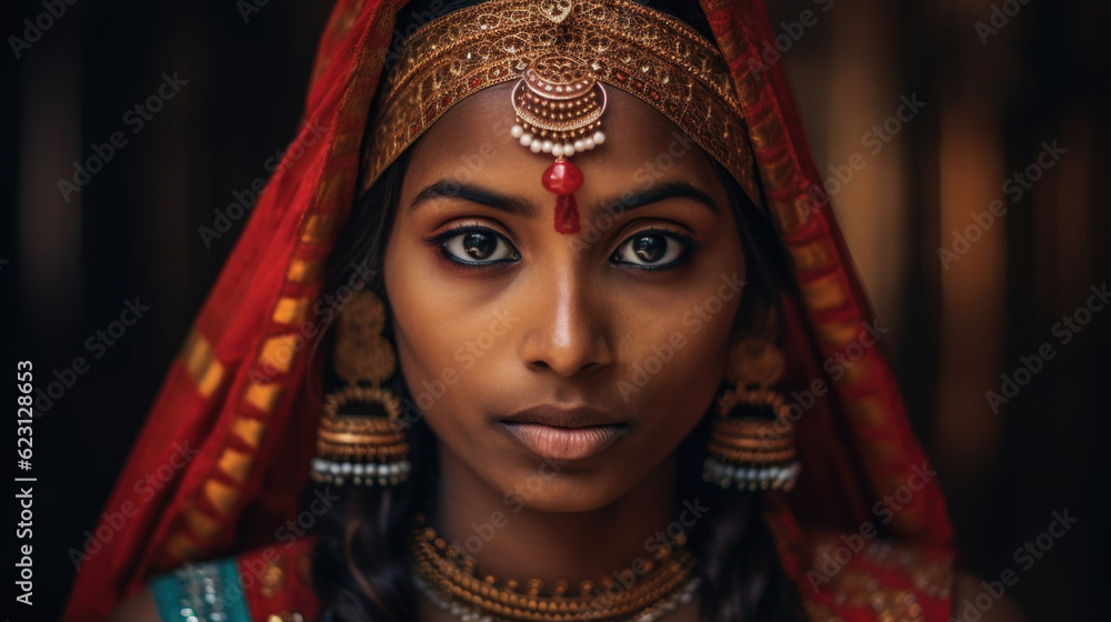 Ethnic diversity represented by a confident Indian woman in traditional clothing. AI generated