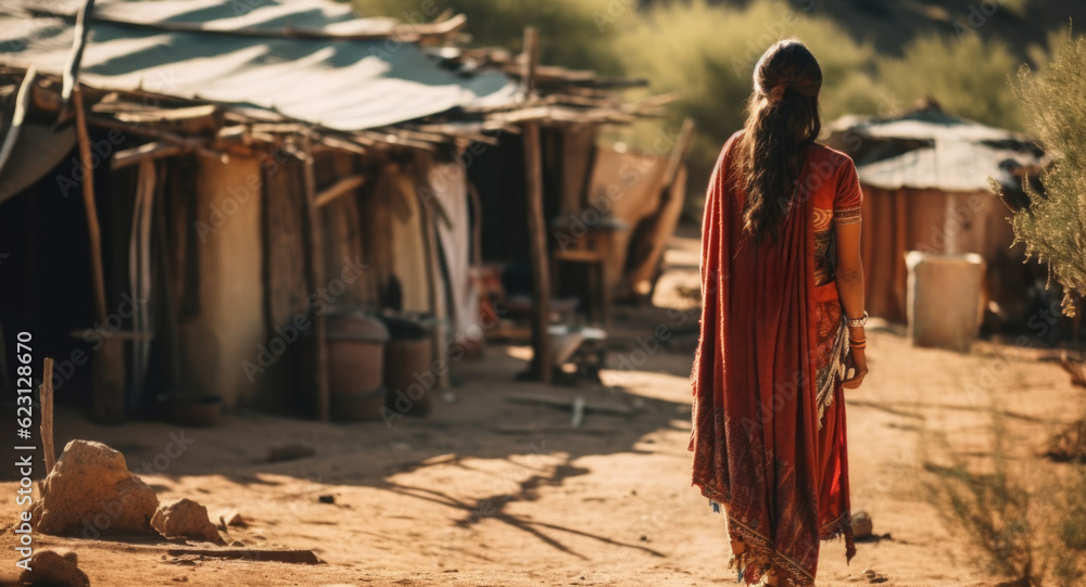 Obraz premium An Indian woman in a settlement, rear view. AI generated
