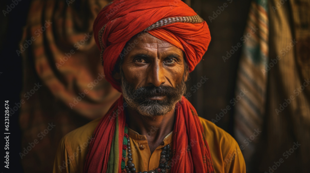 Handsome Indian man's close-up portrait, showcasing the cultural elegance and charm of his traditional attire. AI generated