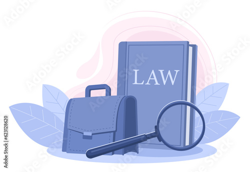Law book, magnifying glass and lawyer briefcase. The concept of the legal profession, law, legal services, justice and protection in court. Vector illustration.