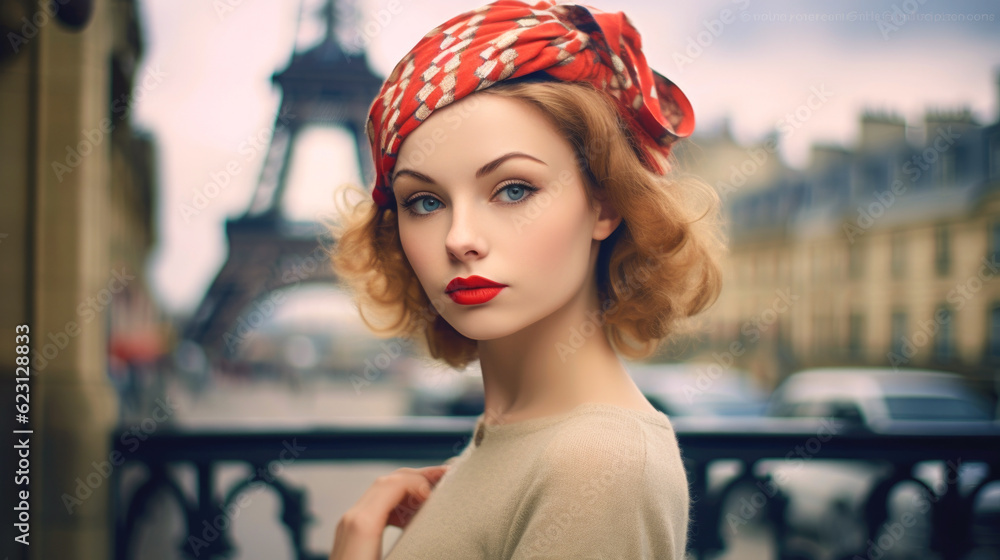 A fashionable Parisian woman posing with confidence against the enchanting backdrop of the Eiffel Tower, capturing the essence of Parisian chic. AI generated