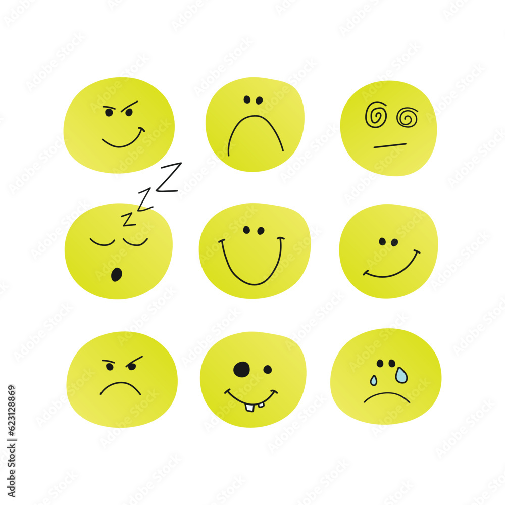 Set of yellow drawn by hand emotion icons. Mini collection for your project. Set of yellow drawn by hand emotion icons. Mini collection for your project.