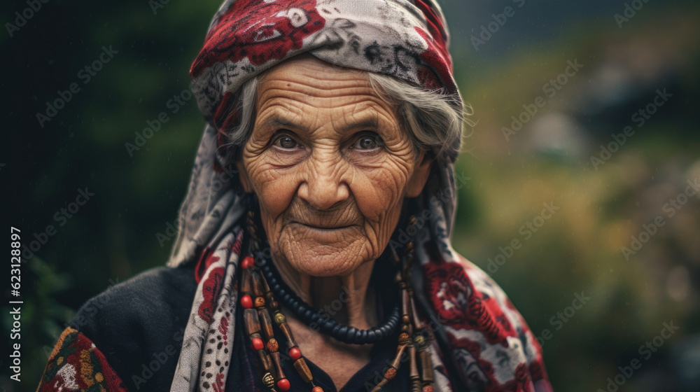 A dignified Albanian woman of age, surrounded by mountains, reflecting the strength and timeless beauty of Albania's natural landscapes. AI generated