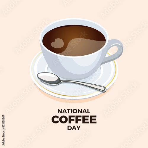 National Coffee Day vector illustration. Black coffee in a white cup with a saucer and a spoon vector. September 29. Important day