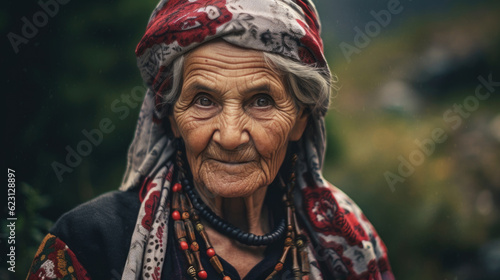 A dignified Albanian woman of age, surrounded by mountains, reflecting the strength and timeless beauty of Albania's natural landscapes. AI generated photo