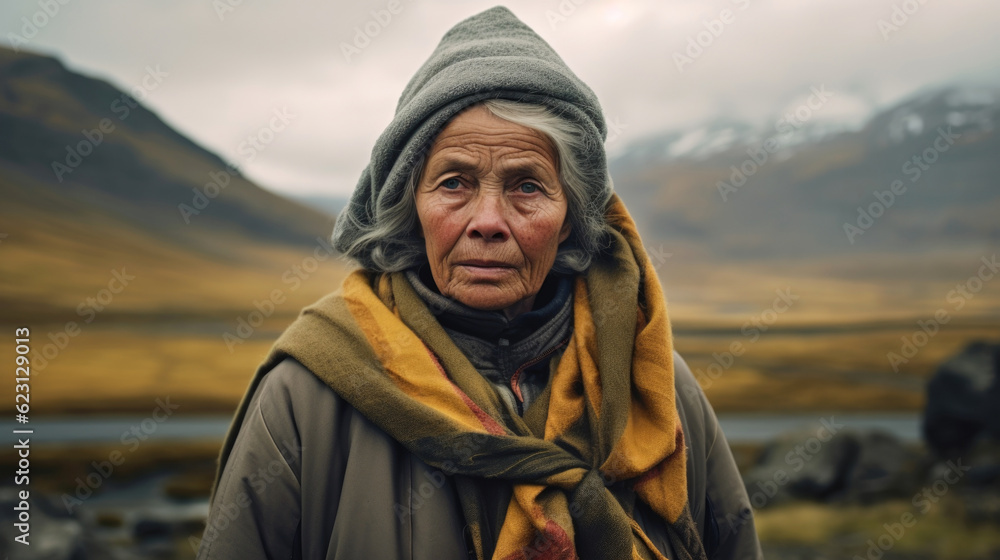 Portrait of an Icelandic Senior woman in Iceland. AI generated