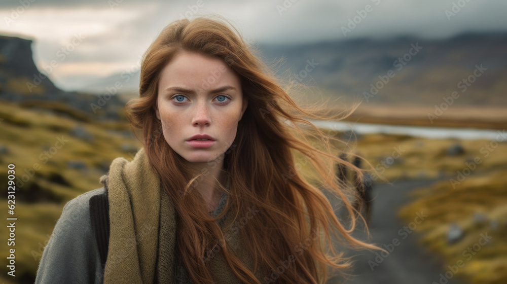 An enchanting Icelandic woman in Iceland, embraced by nature's beauty, embodying the grace and resilience of the Icelandic spirit. AI generated