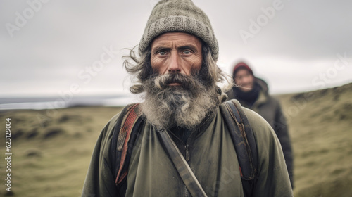 A rugged Icelandic man in harmony with the untamed wilderness, symbolizing the resilience and strength inherent in the Icelandic culture. AI generated