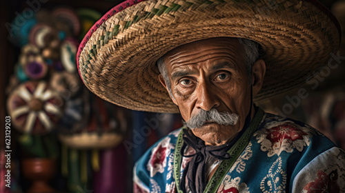 An esteemed Mexican senior man adorned in traditional attire, embodying the deep-rooted cultural traditions and heritage of Mexico. AI generated
