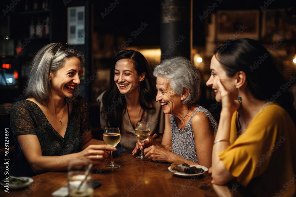 Older women sitting at restaurant laughing, chatting, having fun. Generative AI