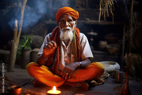 Old indian man in bright orange turban. Generative AI