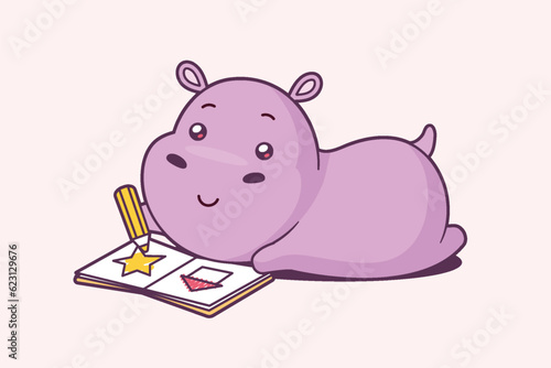 Cute little kawaii hippopotamus drawing in a coloring book vector cartoon illustration