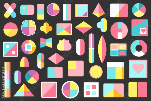 y2k colored varied abstract geometric shapes set. All shapes are vector  each grouped and isolated on a dark background