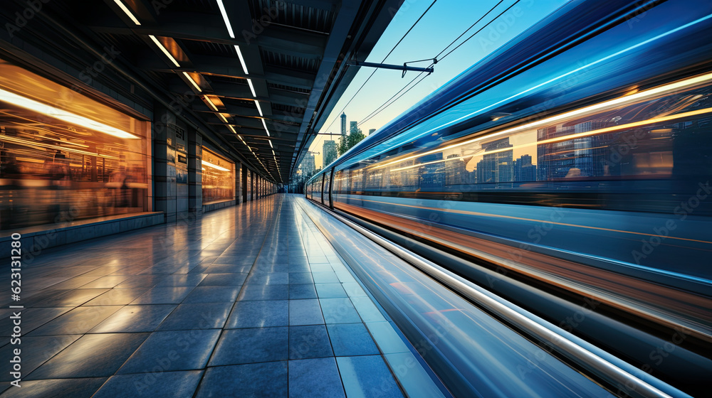A train is passing through a train station. Generative AI. A train is passing through a train station. Generative AI.