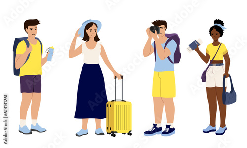 
Vector set of tourists with backpacks, suitcase, bags, camera on a white background. The concept of tourism, hike, travel, photographing.