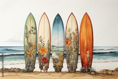 4 Planches de surf vintage plantés dans le sable avec la mer en arriere plan, illustration, IA, génératif photo