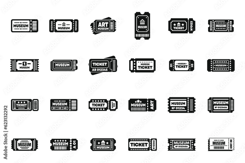 Museum ticket icons set simple vector. Control guide. Map access Museum ticket icons set simple vector. Control guide. Map access