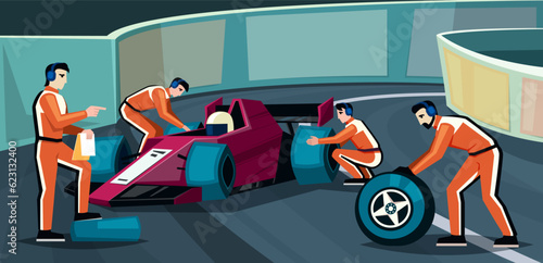 pit stop crew changing wheels of bolide. mechanic technicians and engineers workers in racing uniform changing wheels of bolide, autocross car repairing on race track. vector cartoon illustration.