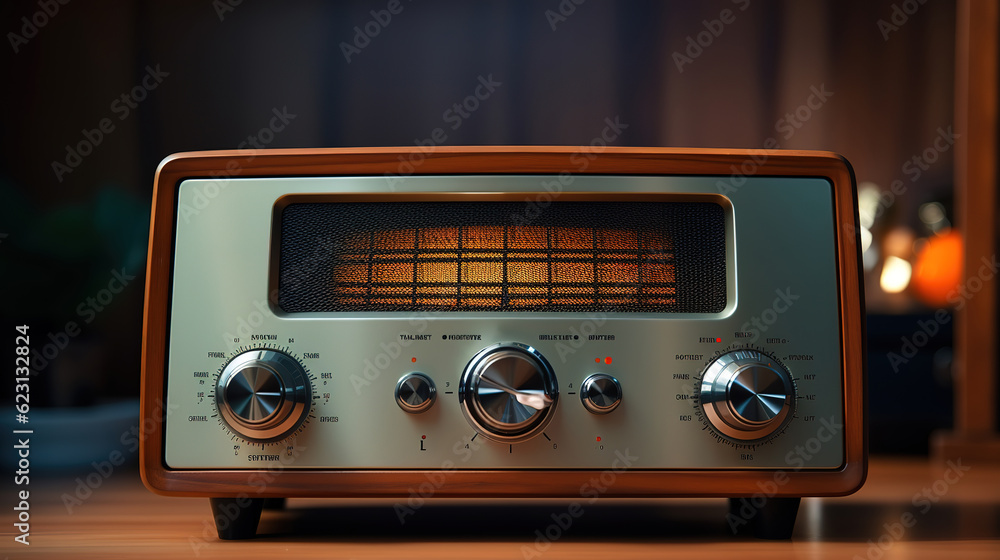 Fototapeta premium Retro vintage radio, Music nostalgia with old 60s style song player. Generative Ai