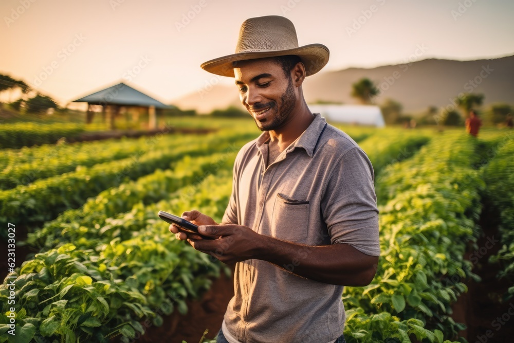Modern farmer - rural worker - using tech to improve production Illustration created with generative ai