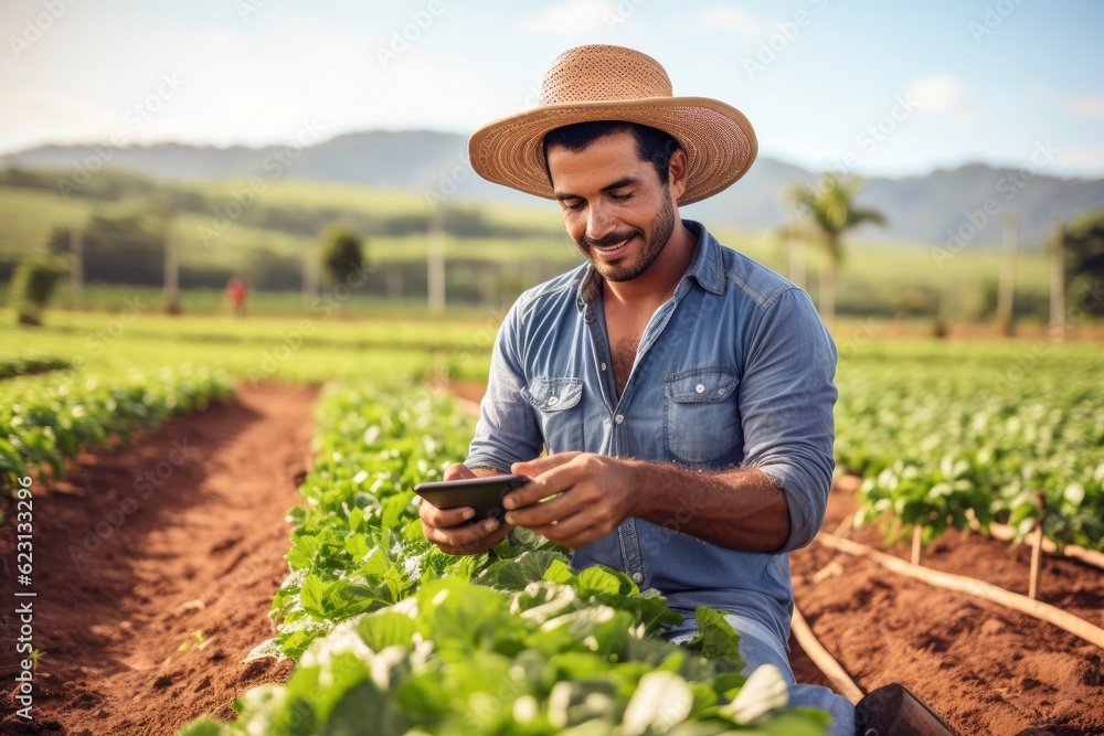Fototapeta premium Modern farmer - rural worker - using tech to improve production Illustration created with generative ai