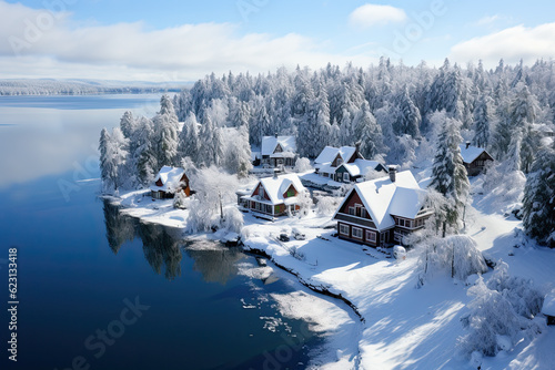 A large body of water surrounded by snow covered trees. Generative AI. © tilialucida